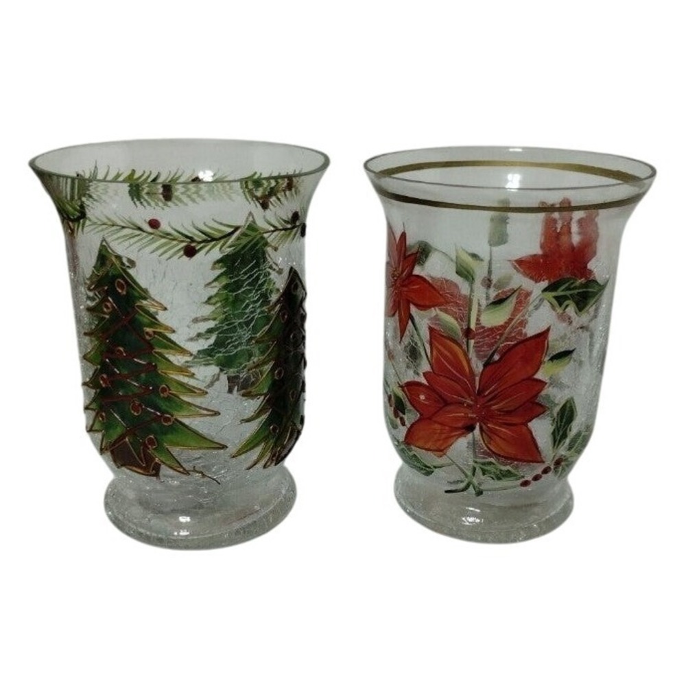 Holiday Spirit Hand Painted 6" Crackle Glass Hurricanes Christmas Set‎ of Two